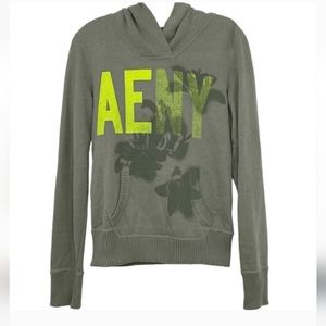 American Eagle Outfitters Logo Hoodie Military Green w Neon Logo Graphic Sz S